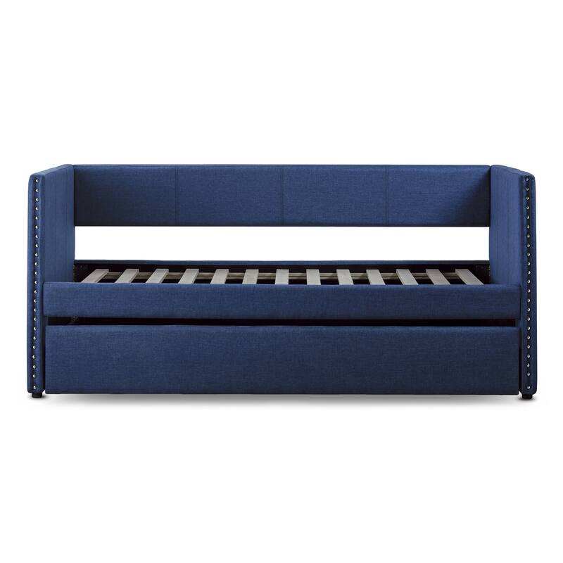 Fabric Upholstered Day Bed with Pull-out Trundle Nailhead Trim Wood