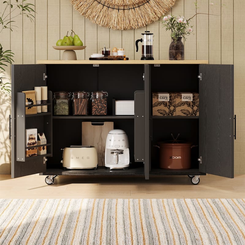 51.2" Wood Rolling Kitchen Island with Drop Leaf and Internal Rack - Black