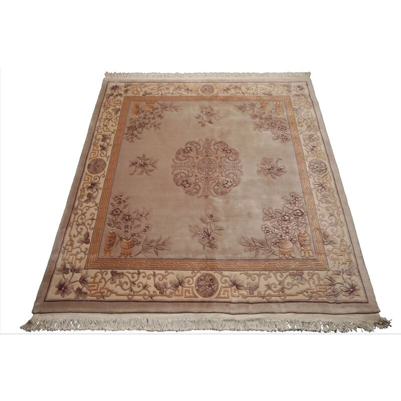 8'6''x8'6'' Round Hand Knotted Wool Taupe Aubusson Savonnerie Pile Rug - 8' 6'' x 8' 6''-Square