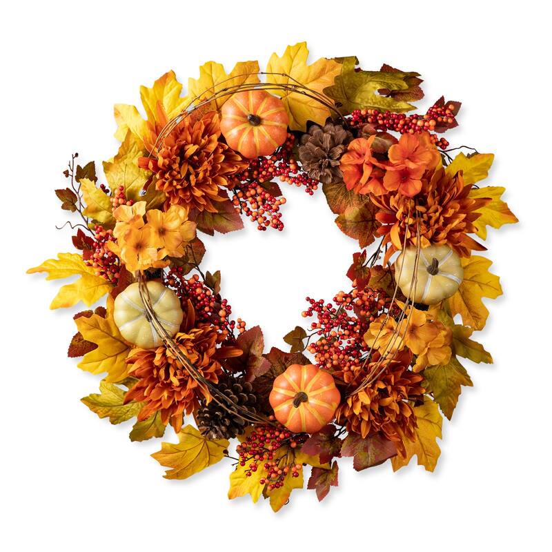 Glitzhome 27"H Fall Dahlia Pumpkin Leaf & Berry Swag Wreath with Hanger
