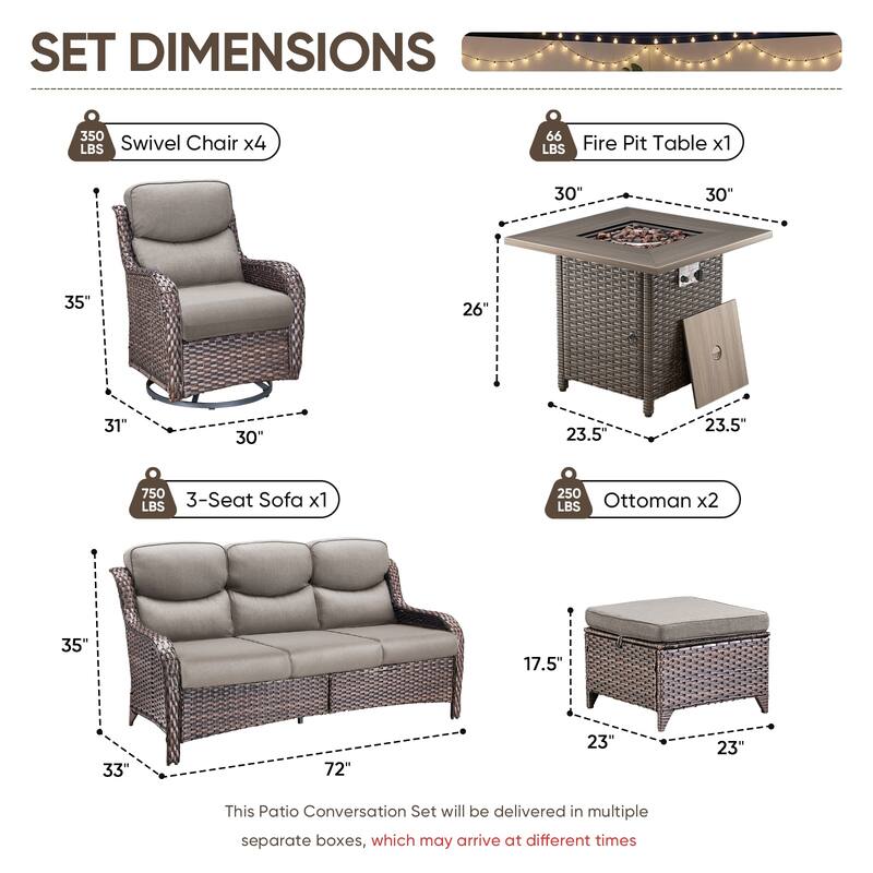 Pocassy Outdoor Propane Fire Pit Table with Sofa Swivel Chair Funiture Set.