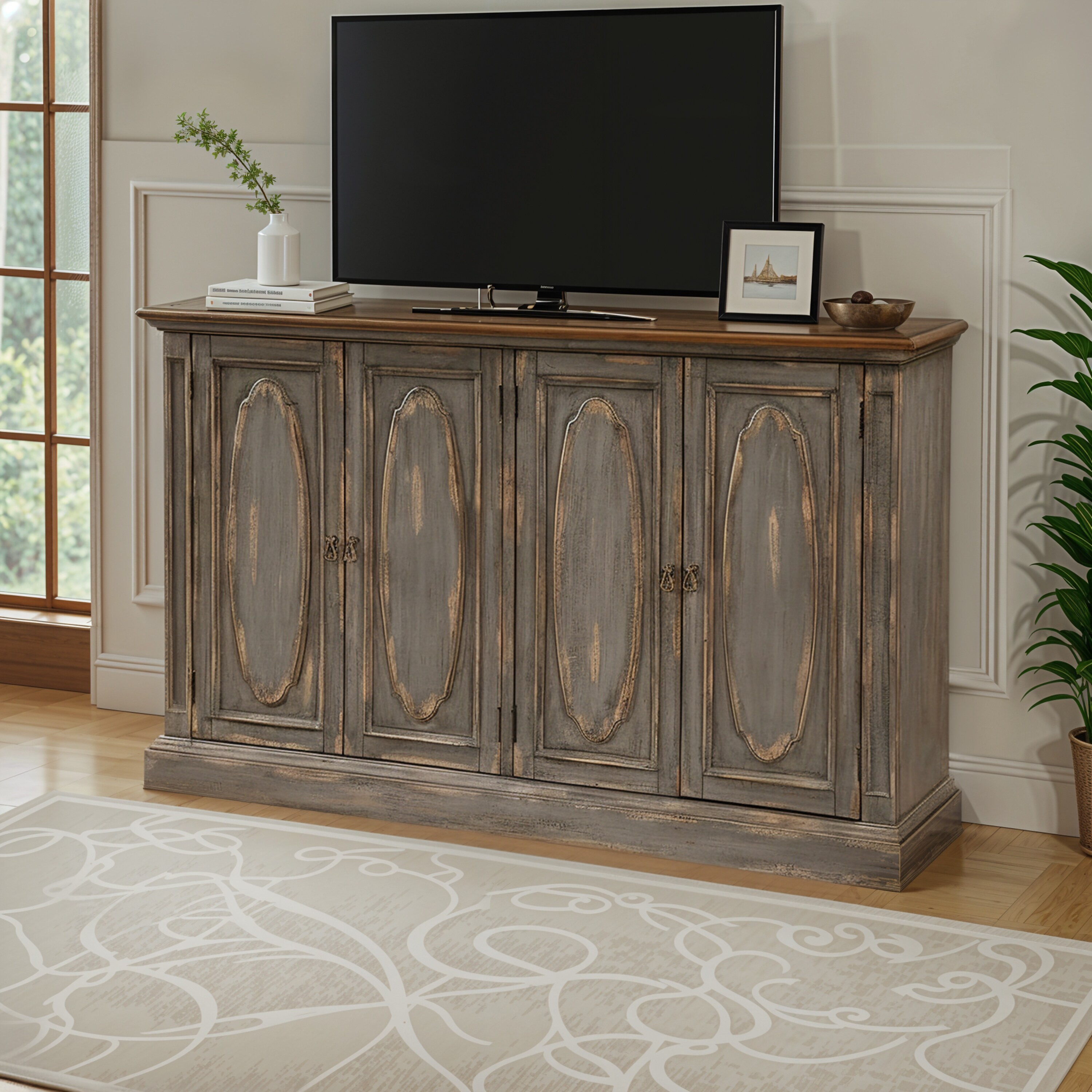 Coast to Coast Cassidy Distressed 4 Door Credenza Grey Brown