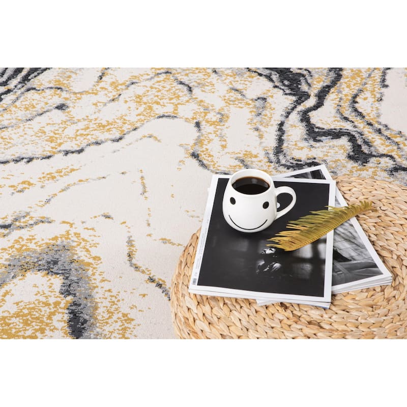 Lela Collection Neutral Ivory, Grey, and Gold Abstract Polyester Rug