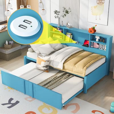 Blue Metal Twin Daybed with Trundle, Storage Shelves, and USB Ports - No Box Spring Needed