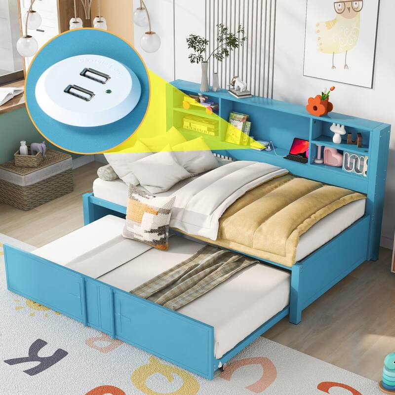 Blue Twin Size Daybed with Trundle, Storage Shelves, and USB Ports - Blue