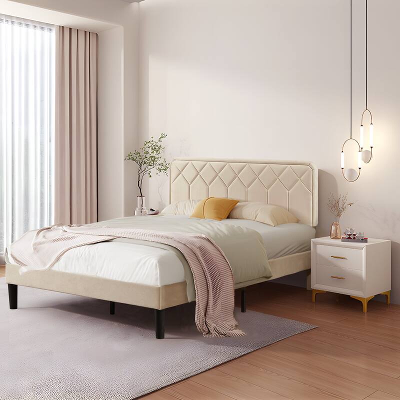 VECELO Adjustable Height Velvet Upholstered Bed Diamond Tufted Headboard with 7.8" Underbed Storage No Box Spring Needed