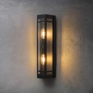 CraftHome H20" Modern Black Outdoor Wall Light with Dusk-to-Dawn Sensor and Clear Tempered Glass t Door Garage Lighting Fixture