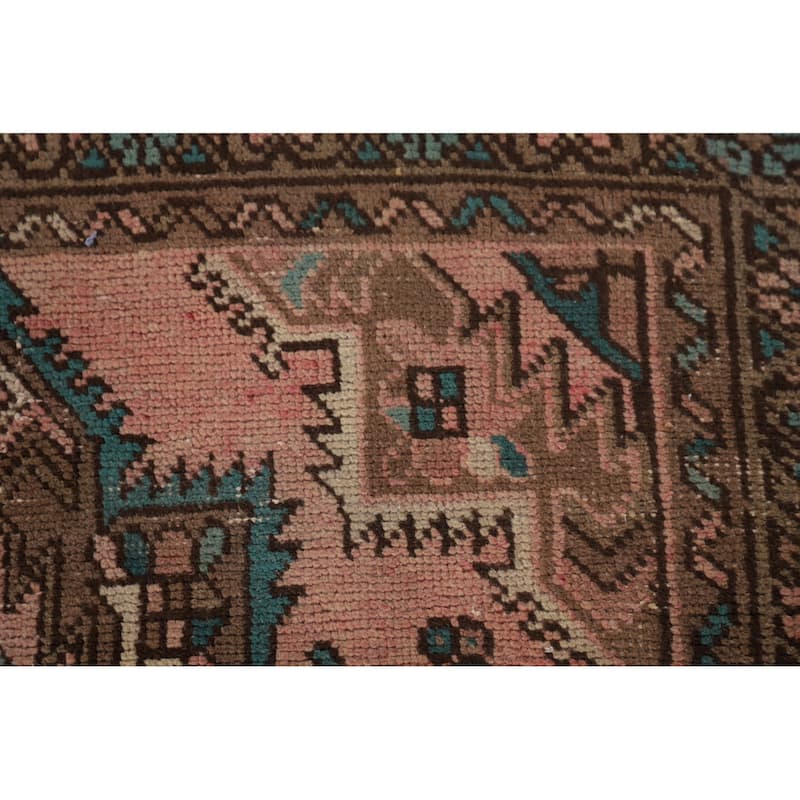 Pink Geometric Tabriz Persian Vintage Runner Rug Handmade Wool Carpet - 3'3"x 12'5"