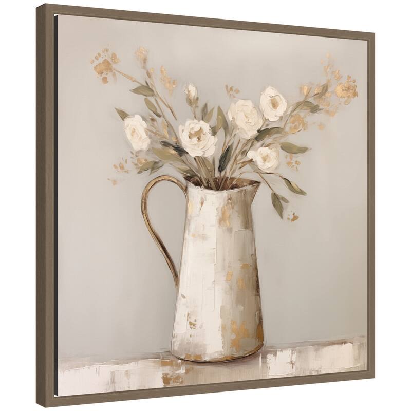 Kate and Laurel Sylvie Pitcher with Flowers Boho Country 2 Framed Canvas by The Creative Bunch Studio - 22x22 - Gold