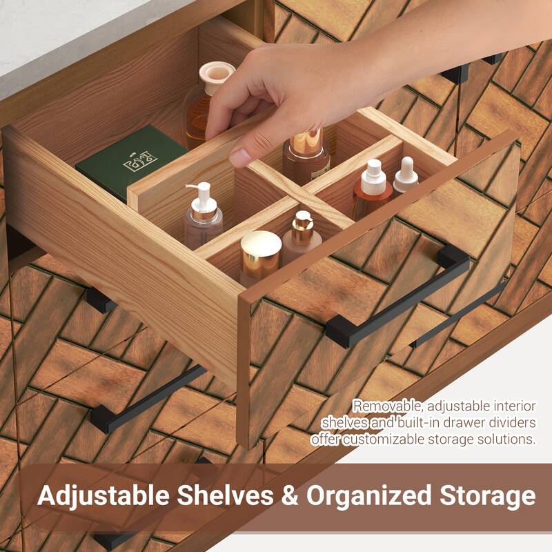 60" Freestanding Bathroom Vanity with Engineered Stone Top, Ceramic Double-Sink, Built-In Power Outlet, and Hair Dryer Storage