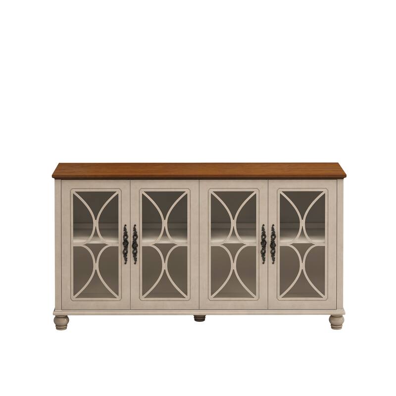 59.45" Antique 4-Door Cabinet with Tempered Glass Doors, Retro Buffets Sideboards, European Hallway Accent Cabinet