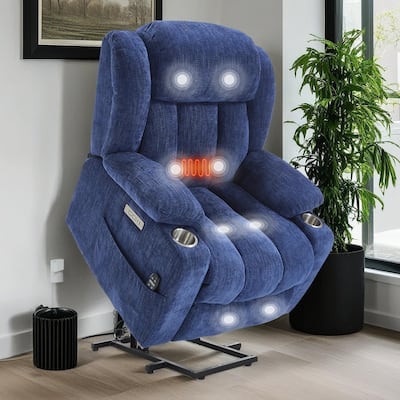 Chenille Power Lift Recliner Chair with Massage and Lumbar Heating, Dual Cup Holders