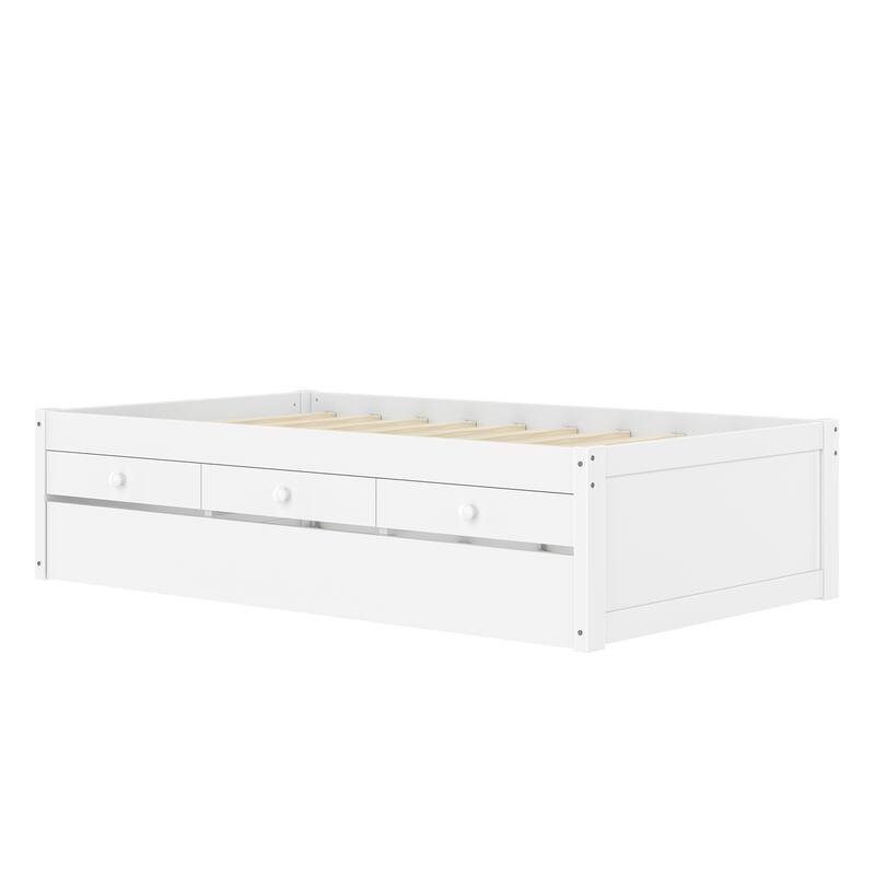 Platform Bed with Pull-out Trundle and Dual Storage Drawers, Built-in Power Strip, Wooden Bed Frame, No Box Spring Needed