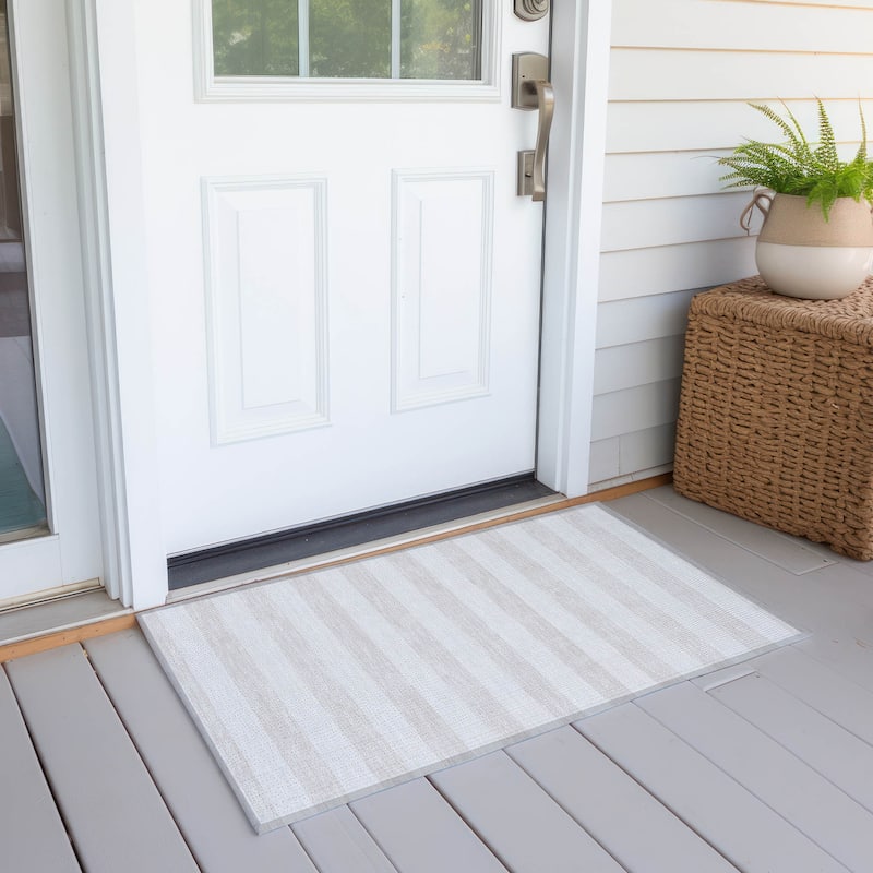 Machine Washable Indoor/ Outdoor Cabana Stripe Chantille Rug - Ivory - 1'8" x 2'6"