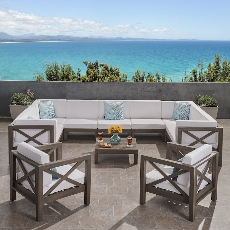 Brava Outdoor 11 Seater Acacia Wood Sectional Sofa and Club Chair Set by Christopher Knight Home