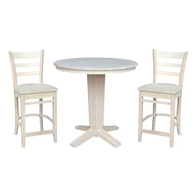 36 in Round Counter Height Extension Dining Table with 12 in Leaf and Stools - Unfinished