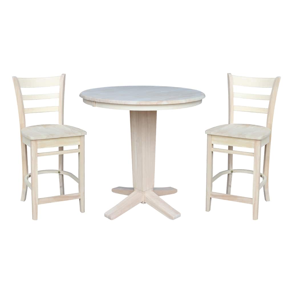 36 in Round Counter Height Extension Dining Table with 12 in Leaf and Stools - Unfinished