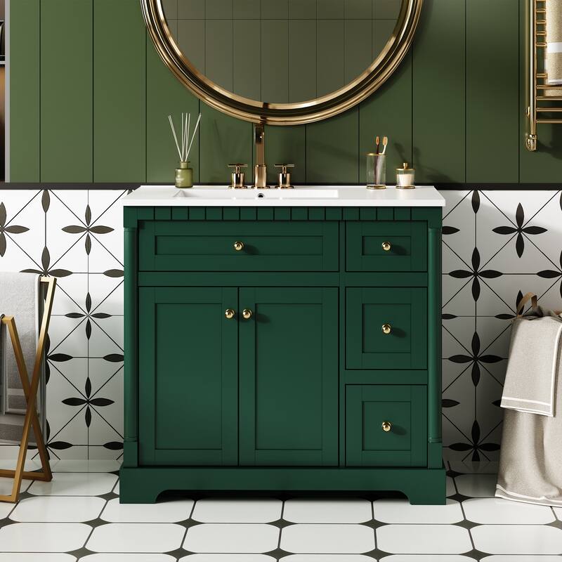 36" Modern Bathroom Vanity with Adjustable Shelf - Soft-Close Doors, 3 Drawers + Tip-Out Tray, Freestanding Storage Cabinet - Green