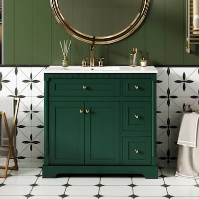 36"Storage Vanity Includes Adjustable Shelf, Soft Closing Doors, 3 Drawers And Tip Out Drawer