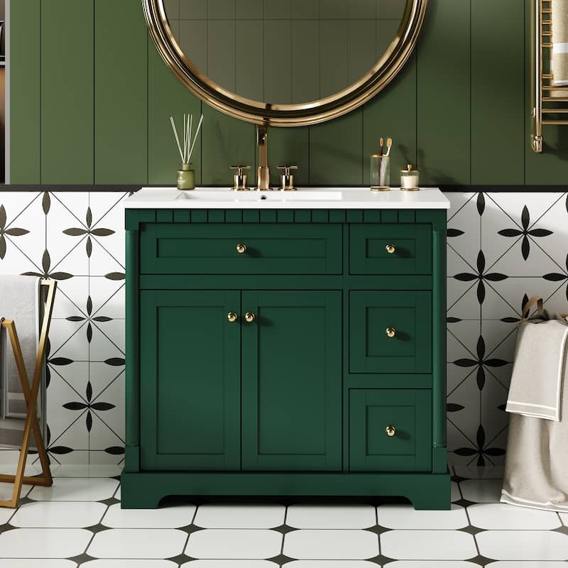 Roomfitters 36 Inch Bathroom Vanity with Sink, Modern Storage Cabinet with Adjustable Shelf and Drawers, Green - Green
