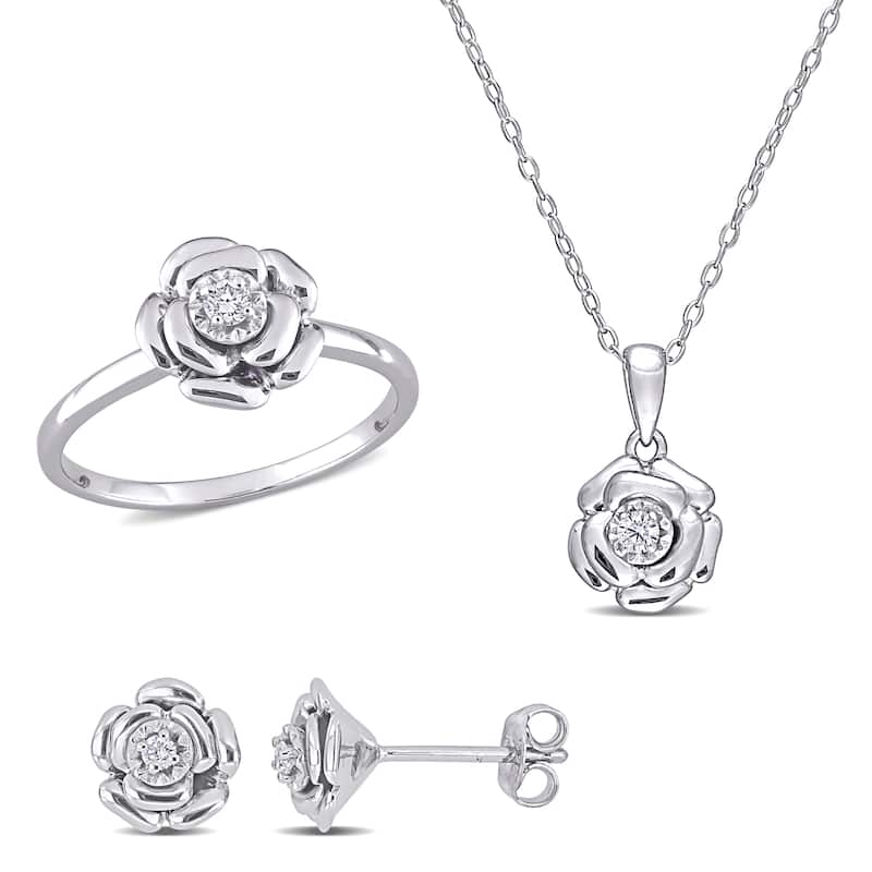 Miadora 1/6ct TDW Diamond Flower Necklace Earrings Ring Set Sterling Silver