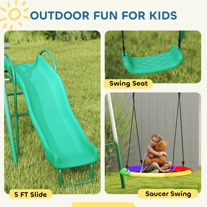 3-in-1 Kids Swing Set Saucer Slide Seat With Waterproof Material - 111.8" L x 91.3" W x 72.8" H