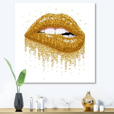 Designart 'Woman Lips With Glitter Gold Sparkles' Modern Canvas Wall Art Print