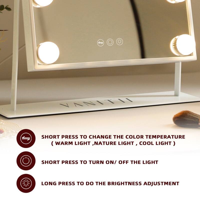 VANITII Hollywood Vanity Makeup Mirror with 12 LED Bulbs 3 Color Lights Metal Tabletop White Small Mirror
