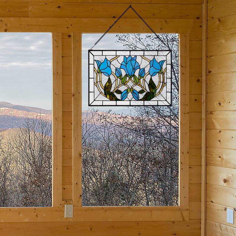 16-in H Blue Floral Vines Multicolored Stained Glass Window Panel - 24" x 0.25" x 16"