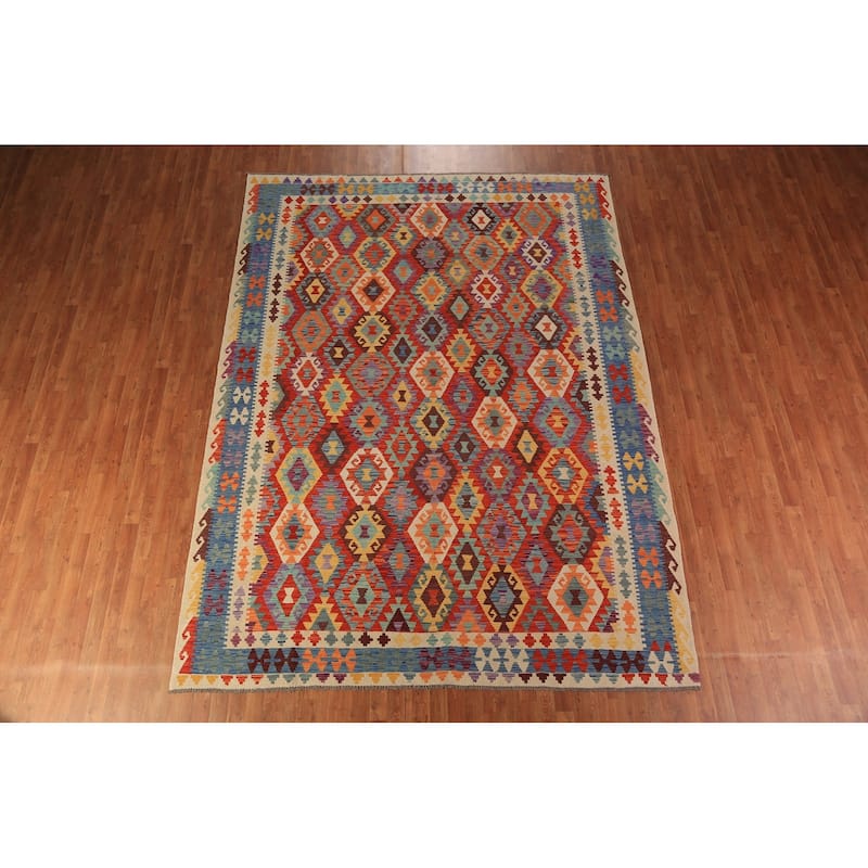 Geometric Kilim Oriental Area Rug Hand-Woven Wool Carpet - 8'5"x 11'5"