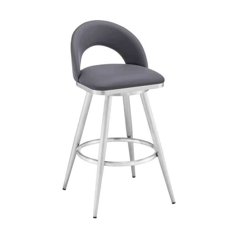 Visy 30 Inch Swivel Barstool Chair, Round Open Back, Gray Faux Leather