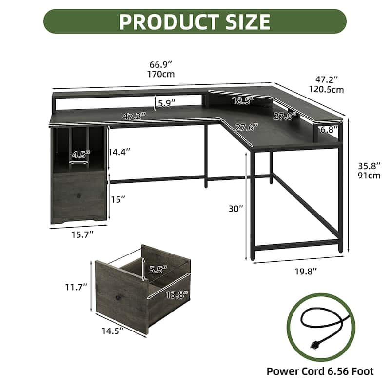 Moasis 66" L Shaped Corner LED Computer Desk with Cabinet and Power Outlets