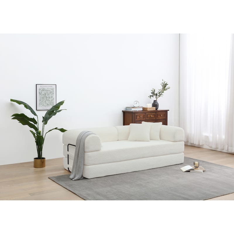 Convertible Sleeper Sofa Bed Corduroy Folding with Cylindrical Pillow Living Room - White