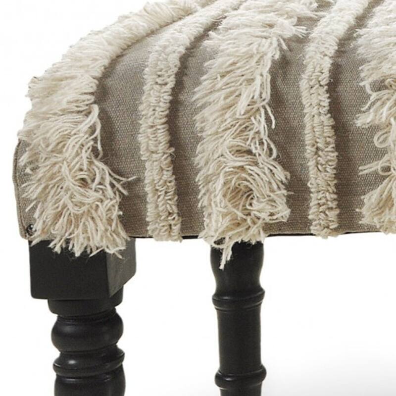 Wood Cream Cotton Upholstered Bedroom Bench Striped Pattern Nailhead Trim - 16” D X 47” W x 18” H