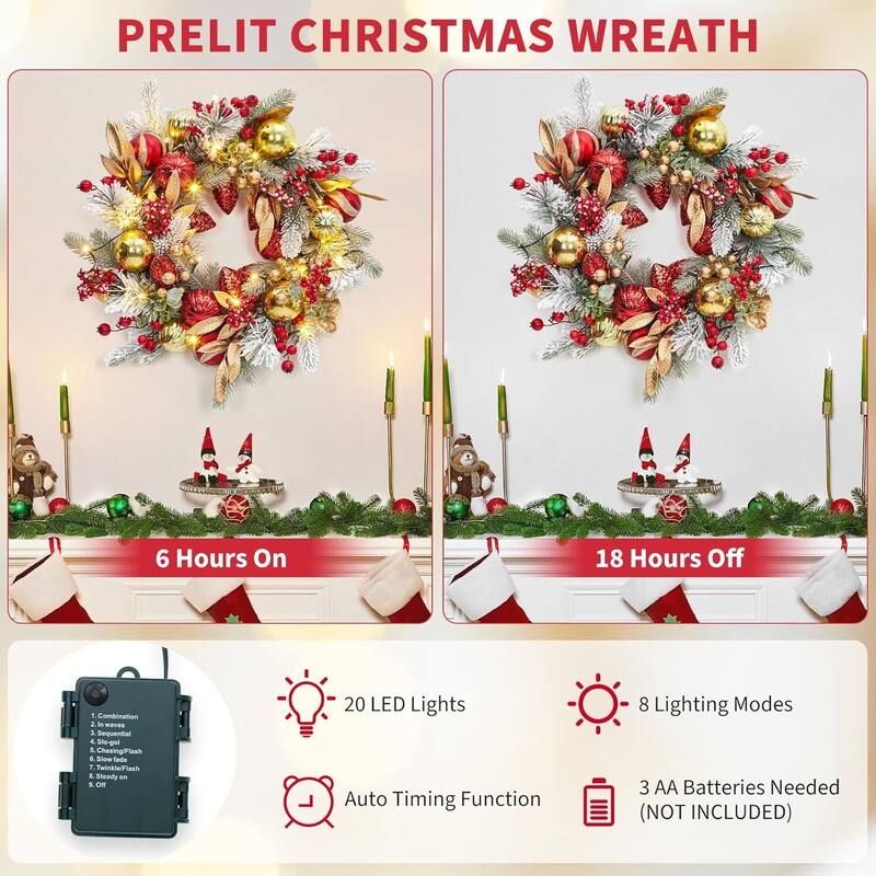 24 in Christmas Wreath with Lights, Snow Flocked Outdoor Christmas Wreaths for Front Door - N/A
