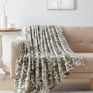 Tahari Home Elena Green Leaf Printed Plush Throw, 50