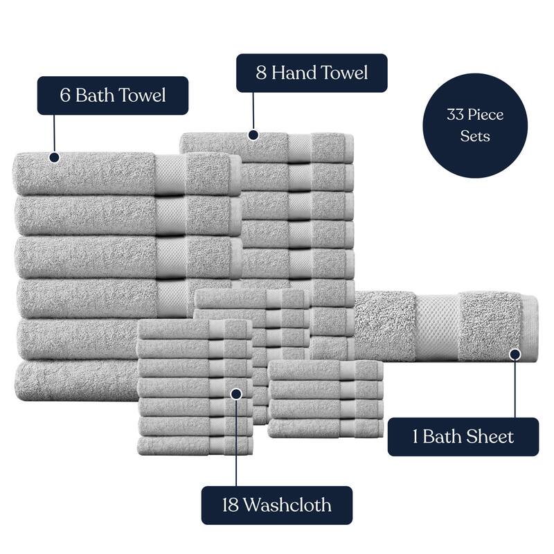 Delara Organic Cotton Luxuriously Plush Bath Towel 33 Piece Set, GOTS & OEKO-TEX Certified, 650 GSM Long Staple