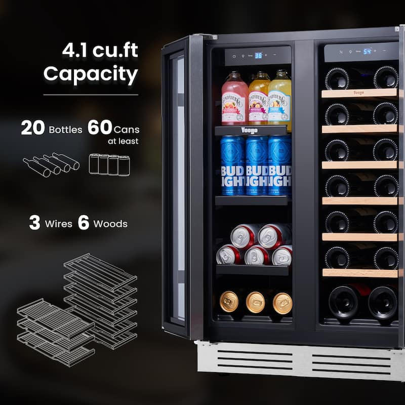 24 Inch Wine/Beverage Refrigerator Cooler, 20 Bottle/60 Can DUAL ZONE Fridge - 24 inch