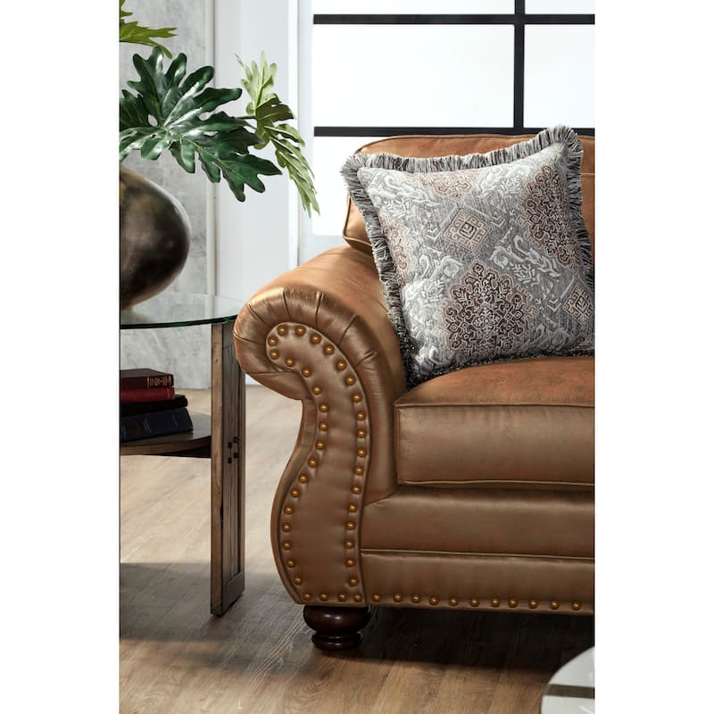 Roundhill Furniture Leinster Brown Fabric Nailhead Trim Sofa and Loveseat
