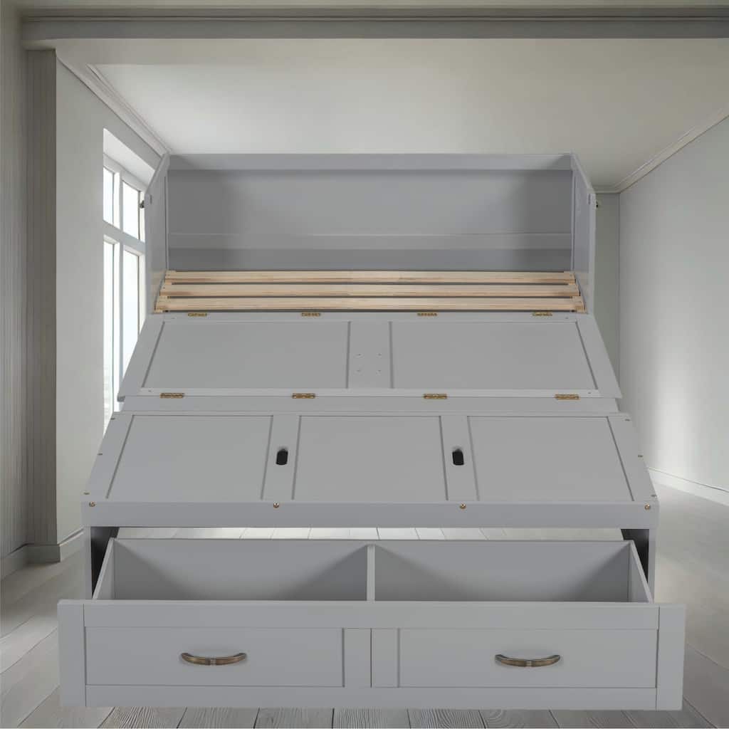 Space-Saving Full Murphy Bed with USB Charging Module, Sturdy Pine Wood Construction & Drawer Storage