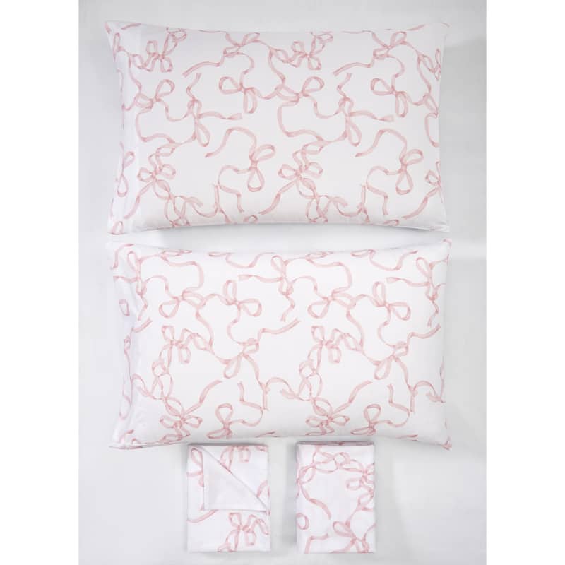 Truly Soft Printed Bow 4 Piece Sheet Set - Full - White/Pink