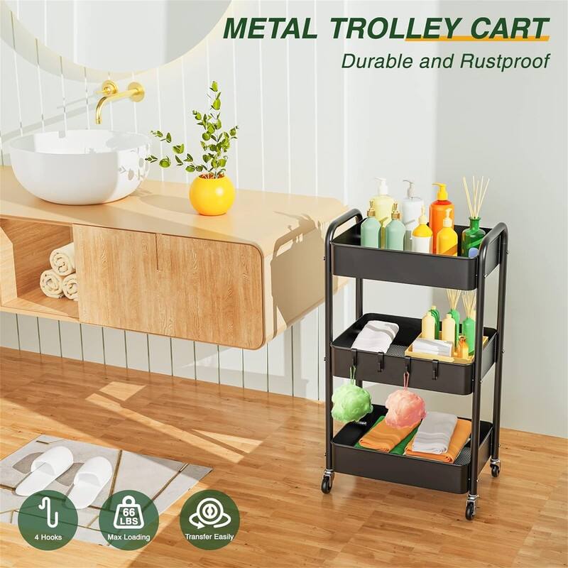 3 Tier Rolling Storage Cart Metal Trolley Utility Cart with Wheels - 15.7"D x 7.1"W x 35.9"H