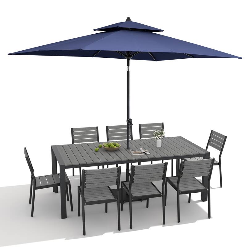 9/11-Piece Outdoor Dining Set Aluminum Table and Stackable Chairs w/10 ft Umbrella and Base
