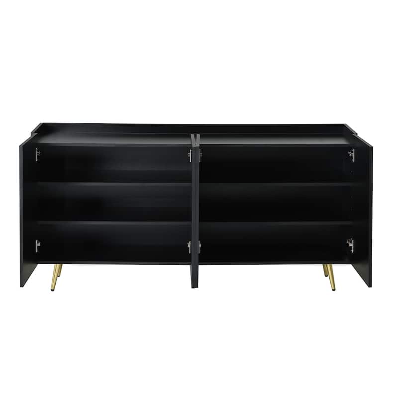 Black 62.9" TV Stand Cabinet with 5 Metal Legs, 4 Adjustable Shelves and Gold Lines Doors for TVs Up to 70"