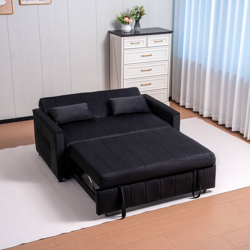 55.91" Velvet 4-Seater Sleeper Sofa with Storage & Adjustable Backrest
