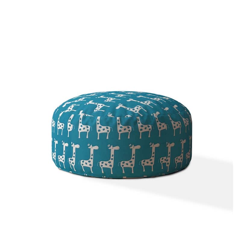 HomeRoots 24" Blue and White Cotton Round Giraffe Pouf Ottoman
