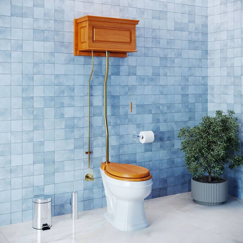 High Tank Toilet - Light Mahogany Raised Tank, White Elongated Bowl and Brass Z Pipe Renovators Supply