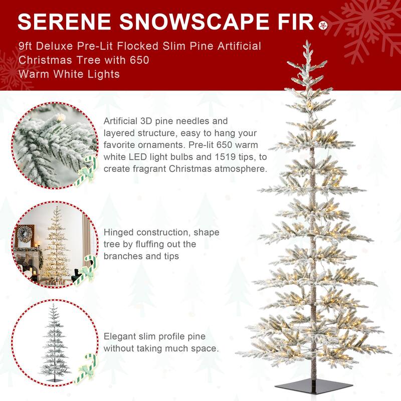 Glitzhome 6/7/9 FT Pre-Lit Flocked Slim Snowscape Fir Artificial Christmas Trees 2 or 3-Piece Set