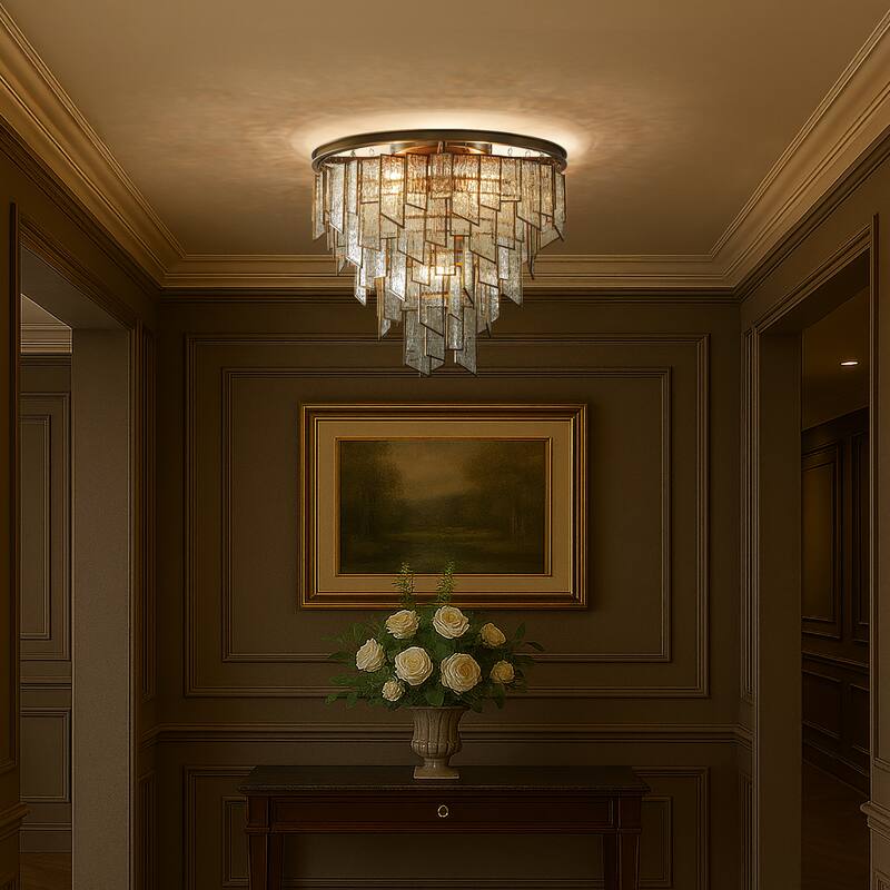 6-Light Luxury Water Ripple Glass Flush Mount Modern Brass Frame Lighting Fixture for Dining Room Living Room and Kitchen Island