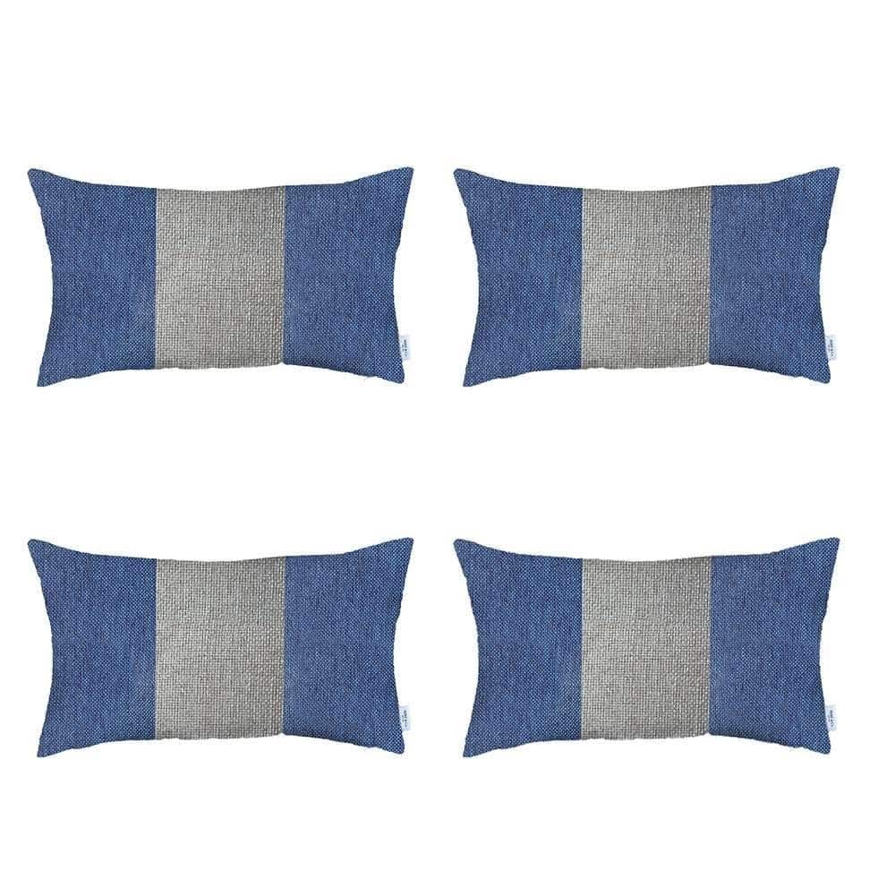 HomeRoots Set Of Four 20" X 12" Grey And Blue Geometric Zippered Handmade Polyester Lumbar Pillow